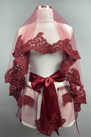 Bordo Alya Gelin Kına Duvağı Yüz Örtüsü