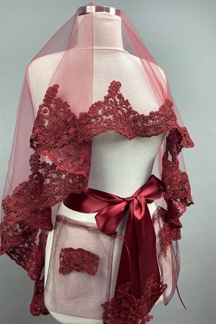 Bordo Alya Gelin Kına Duvağı Yüz Örtüsü