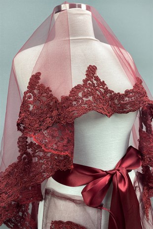 Bordo Alya Gelin Kına Duvağı Yüz Örtüsü