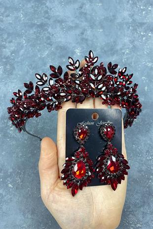 Claret Red Original Bead Embroidered Bridal Henna Crown And Earring Set
