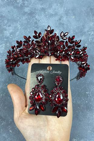 Claret Red Original Bead Embroidered Bridal Henna Crown And Studded Earring Set