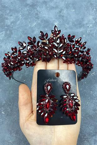 Claret Red Original Bead Embroidered Bridal Henna Tiara and Stud Earrings Set