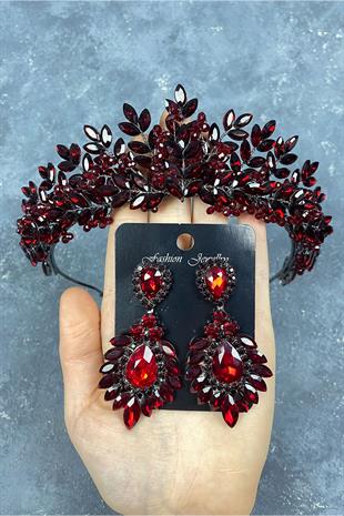 Claret Red Original Bead Embroidered Bridal Henna Crown And Earring Set