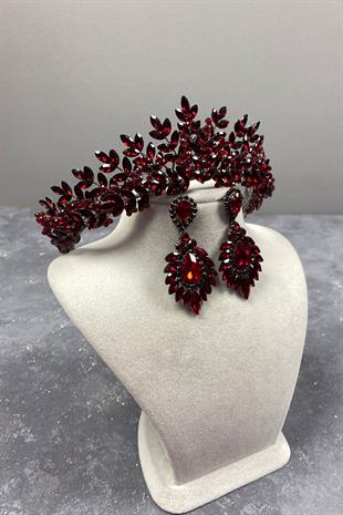 Claret Red Original Bead Embroidered Bridal Henna Crown And Earring Set