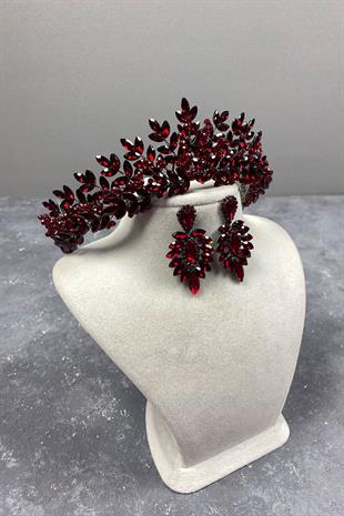Claret Red Original Bead Embroidered Bridal Henna Tiara and Stud Earrings Set