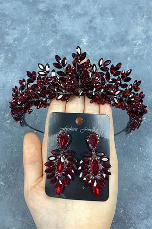Claret Red Original Bead Embroidered Bridal Henna Tiara and Stud Earrings Set
