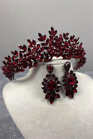 Claret Red Original Bead Embroidered Bridal Henna Crown And Studded Earring Set