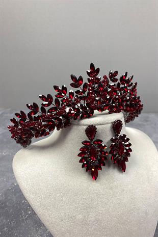 Claret Red Original Bead Embroidered Bridal Henna Tiara and Stud Earrings Set