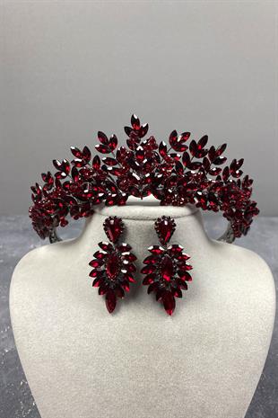Claret Red Original Bead Embroidered Bridal Henna Tiara and Stud Earrings Set
