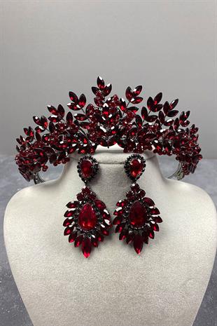 Claret Red Original Bead Embroidered Bridal Henna Crown And Earring Set
