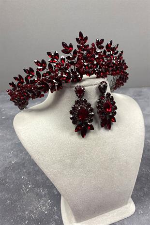 Claret Red Original Bead Embroidered Bridal Henna Crown And Studded Earring Set