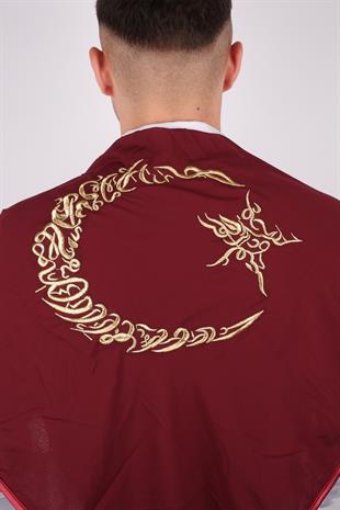 Bordo Ay Yıldız Gold Nakışlı Biyeli Damat Örtüsü