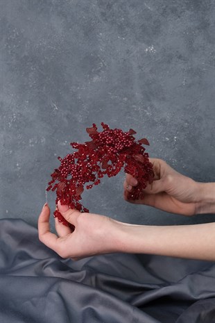 Bordo Azra İnci Boncuklu Gelin Kına Tacı Saç Aksesuarı