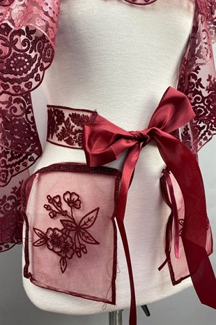 Bordo Bade Simli Gelin Kına Duvağı Yüz Örtüsü