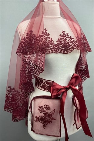 Bordo Bade Simli Gelin Kına Duvağı Yüz Örtüsü