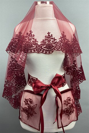 Bordo Bade Simli Gelin Kına Duvağı Yüz Örtüsü