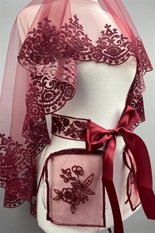 Bordo Bade Simli Gelin Kına Duvağı Yüz Örtüsü