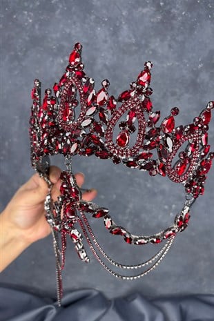 Bordo BalcaYüksek Alınlık Sallantılı Gelin Kına Tacı