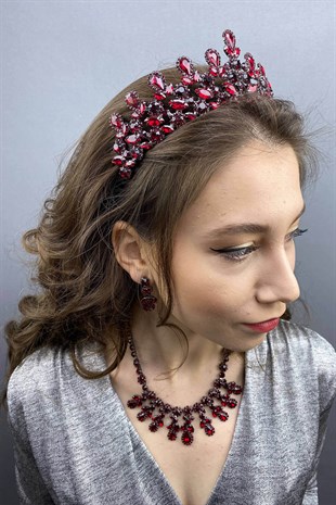 Burgundy Beety Bridal Henna Crown Necklace Earring Set