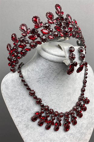 Burgundy Beety Bridal Henna Crown Necklace Earring Set