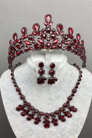 Burgundy Beety Bridal Henna Crown Necklace Earring Set