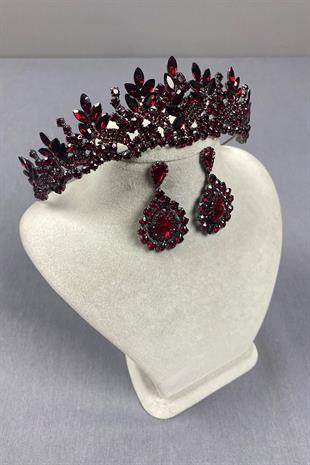 Burgundy Belur Bridal Henna Crown and Drop Stone Earring Set