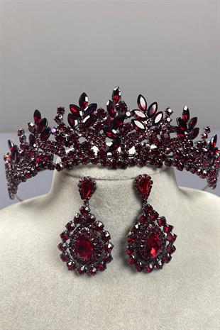 Burgundy Belur Bridal Henna Crown and Drop Stone Earring Set