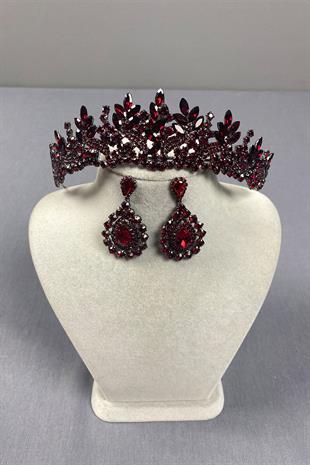 Burgundy Belur Bridal Henna Crown and Drop Stone Earring Set
