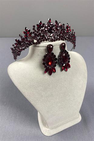 Burgundy Belur Bridal Henna Crown and Shuttle Stone Earring Set