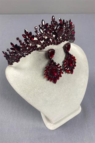 Burgundy Belur Bridal Henna Crown and Shuttle Earring Set