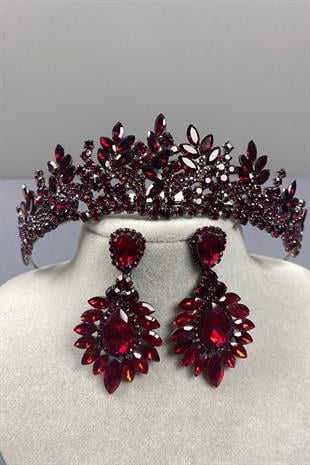 Burgundy Belur Bridal Henna Crown and Shuttle Earring Set