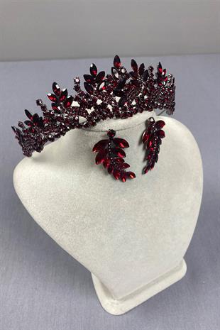 Burgundy Belur Bridal Henna Crown and Leaf Earring Set