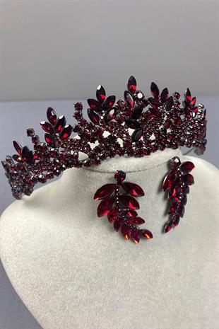 Burgundy Belur Bridal Henna Crown and Leaf Earring Set