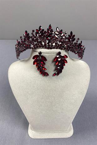 Burgundy Belur Bridal Henna Crown and Leaf Earring Set