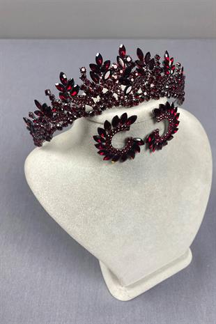 Burgundy Belur Bridal Henna Crown and Round Earring Set