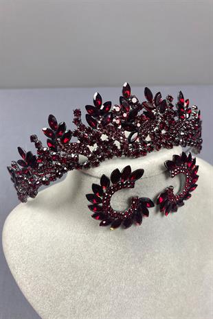 Burgundy Belur Bridal Henna Crown and Round Earring Set