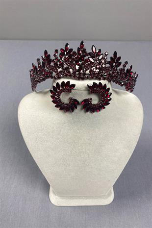 Burgundy Belur Bridal Henna Crown and Round Earring Set