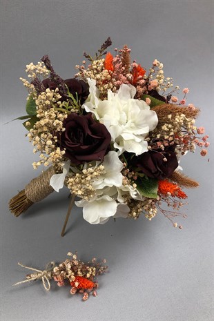 Bordo Beyaz Kurutulmuş Çiçekli Gelin Buketi ve Yaka Çiçeği
