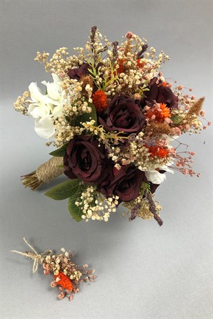 Bordo Beyaz Kurutulmuş Çiçekli Gelin Buketi ve Yaka Çiçeği