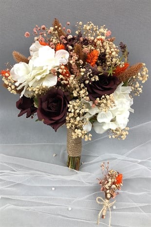 Bordo Beyaz Kurutulmuş Çiçekli Gelin Buketi ve Yaka Çiçeği