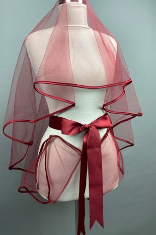 Bordo Biyeli Gelin Duvağı Kına Yüz Örtüsü