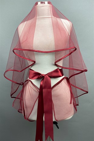 Bordo Biyeli Gelin Duvağı Kına Yüz Örtüsü