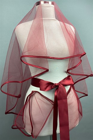 Bordo Biyeli Gelin Duvağı Kına Yüz Örtüsü