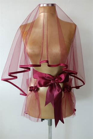 Bordo Biyeli Zarif Sade Tasarım Gelin Kına Yüz Örtüsü