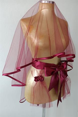 Bordo Biyeli Zarif Sade Tasarım Gelin Kına Yüz Örtüsü