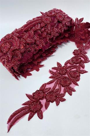 Bordo Boncuk İşlemeli Çiçek Desen Geniş Şerit Aplik 1 Metre