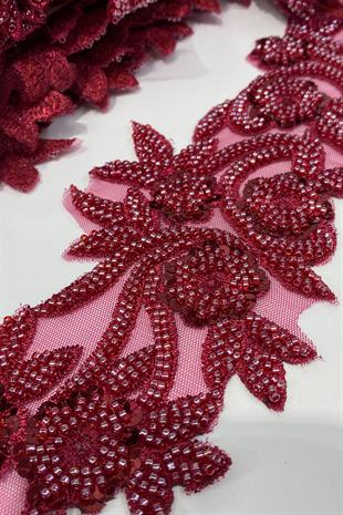 Bordo Boncuk İşlemeli Çiçek Desen Geniş Şerit Aplik 1 Metre