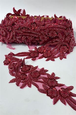 Bordo Boncuk İşlemeli Çiçek Desen Geniş Şerit Aplik 1 Metre