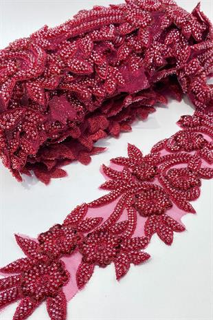 Bordo Boncuk İşlemeli Çiçek Desen Geniş Şerit Aplik 1 Metre