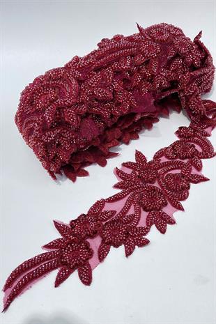 Bordo Boncuk İşlemeli Çiçek Desen Geniş Şerit Aplik 1 Metre